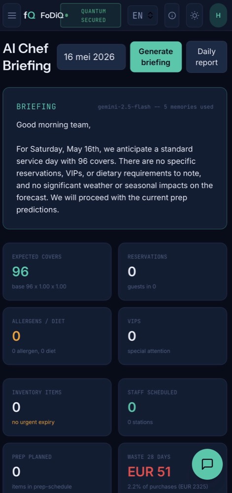 AI Chef Briefing dashboard with covers, reservations and allergens